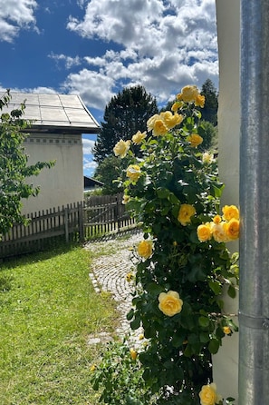 A garden with yellow roses, a cobblestone path, a wooden fence, and a building with a sloped roof. - Turmhaus Giovanoli, (Tschlin) by Interhome (Tschlin)