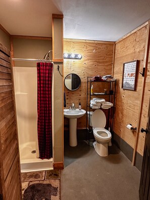 Een kleine badkamer met douche, wastafel, toilet en spiegel.