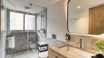A modern bathroom with a glass shower enclosure, a toilet, a sink with a large mirror, and a plant on the countertop.