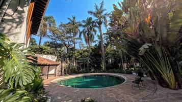 A swimming pool surrounded by tropical plants and palm trees.