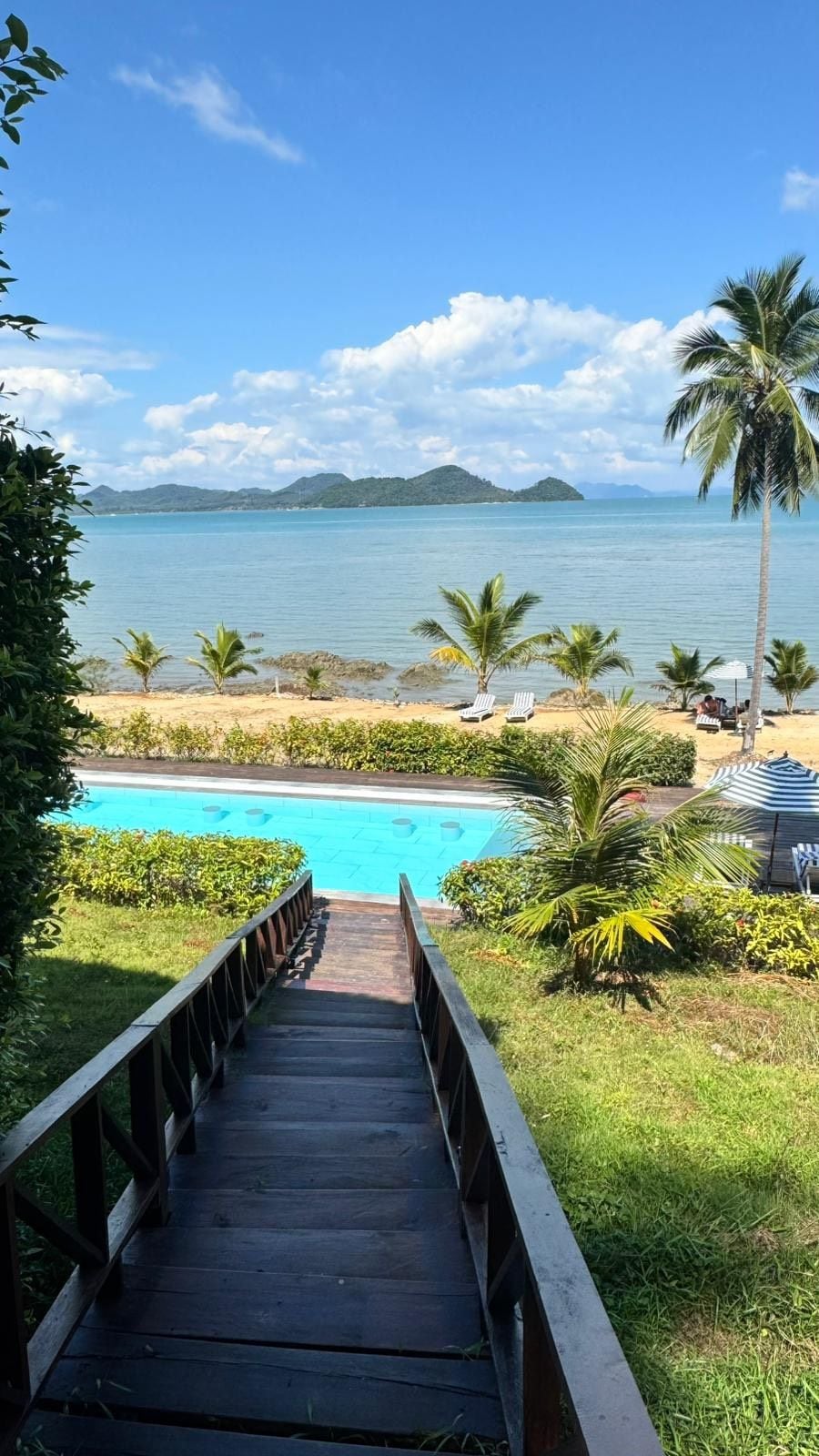 A wooden deck leading to a pool area with a view of the sea and palm trees.