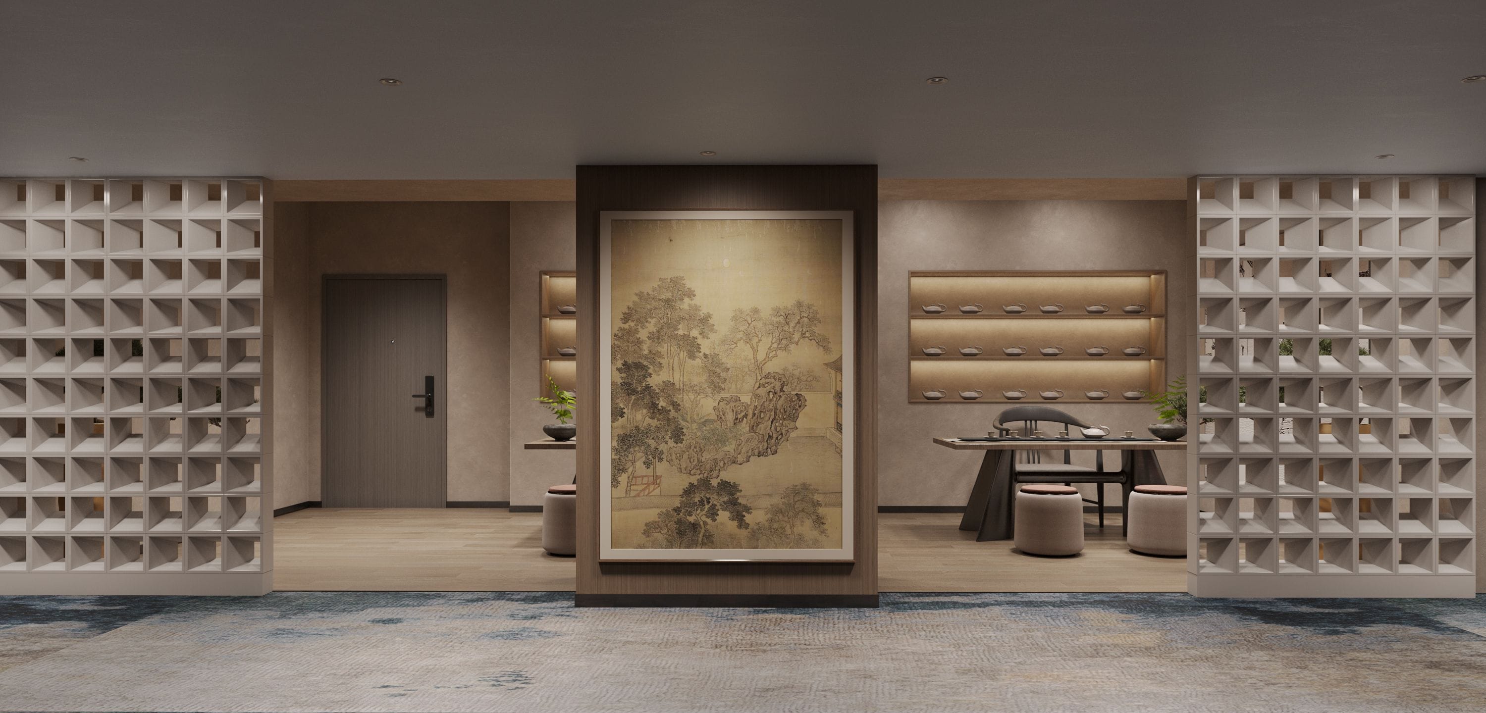 Un intérieur moderne avec une œuvre d’art centrale, une porte et un espace salon comprenant une table et des chaises.