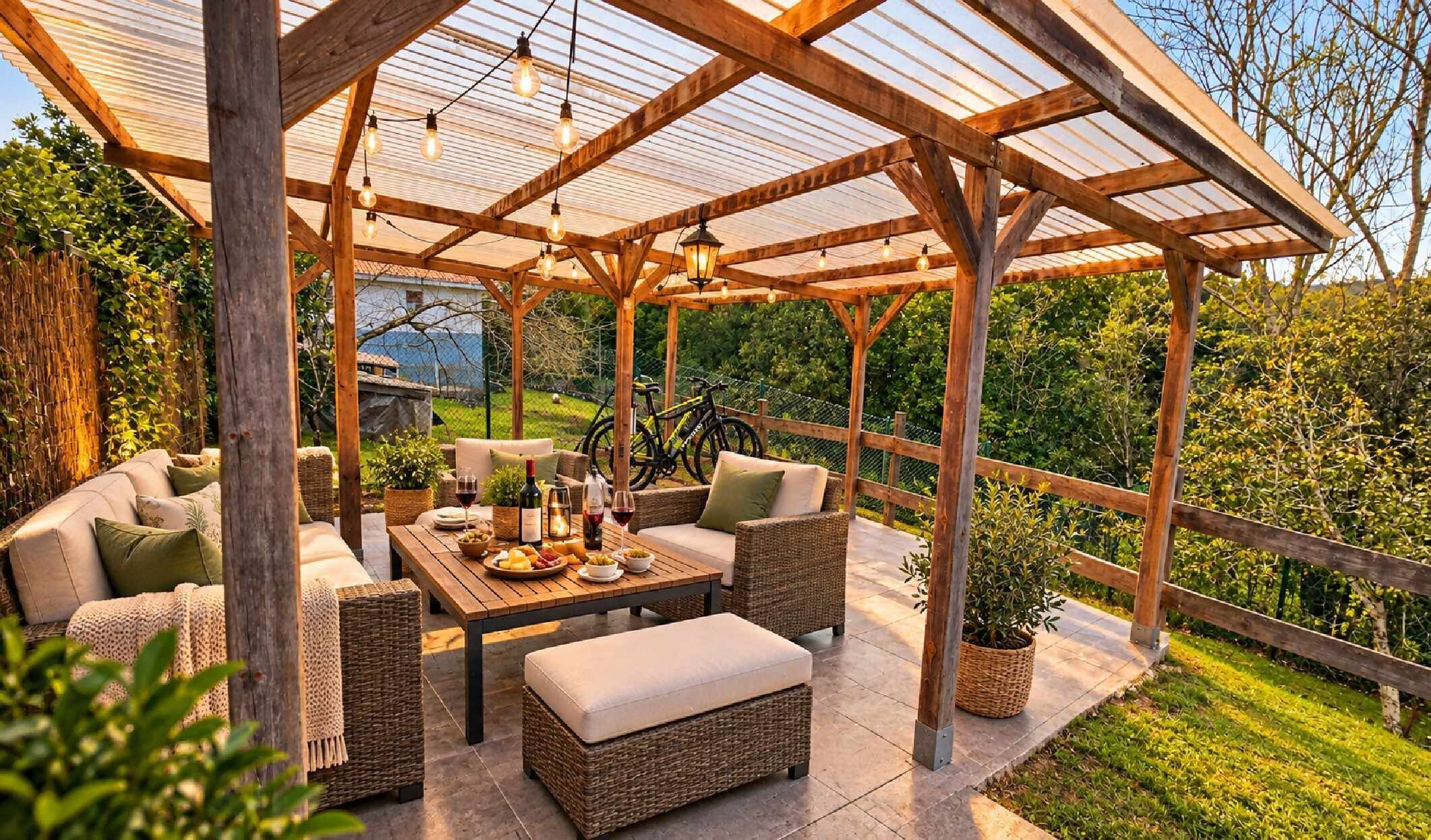 An outdoor patio with wicker furniture, a table set with food and drinks, and bicycles in the background.