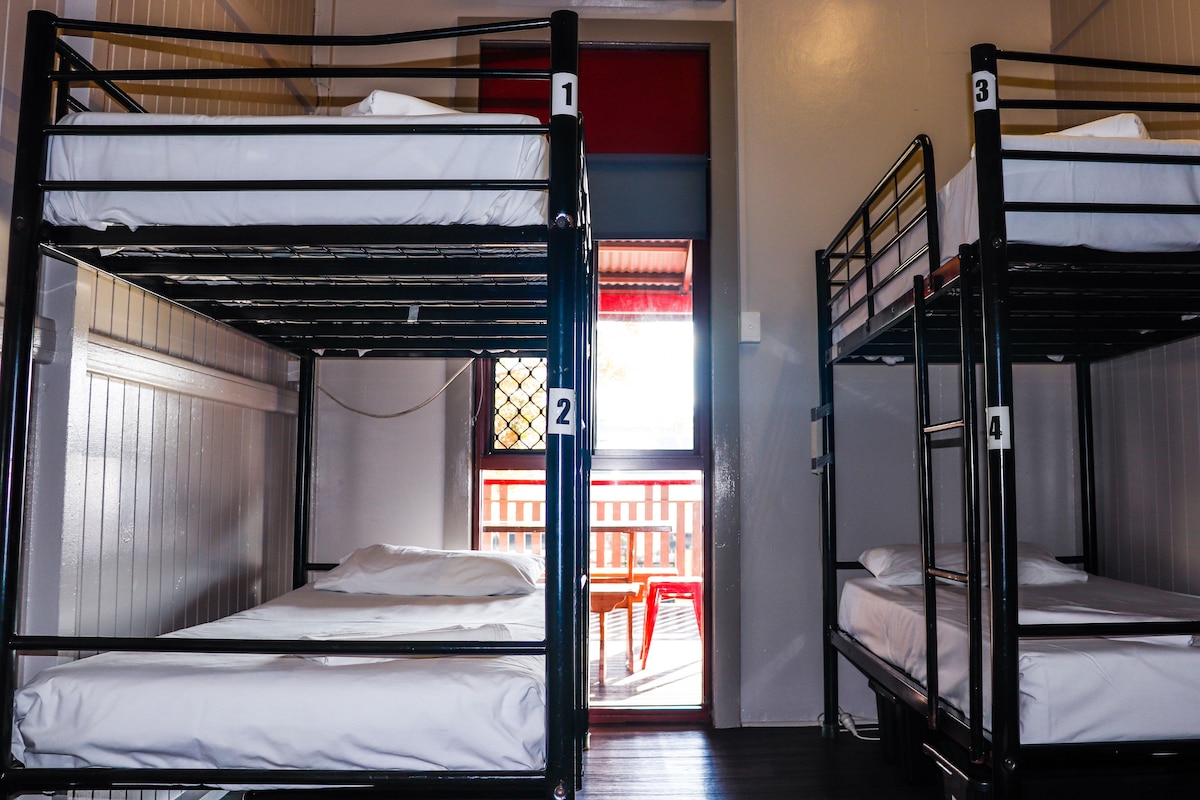 Camas literas con números del 1 al 4, una ventana con vistas y una puerta que da al exterior.