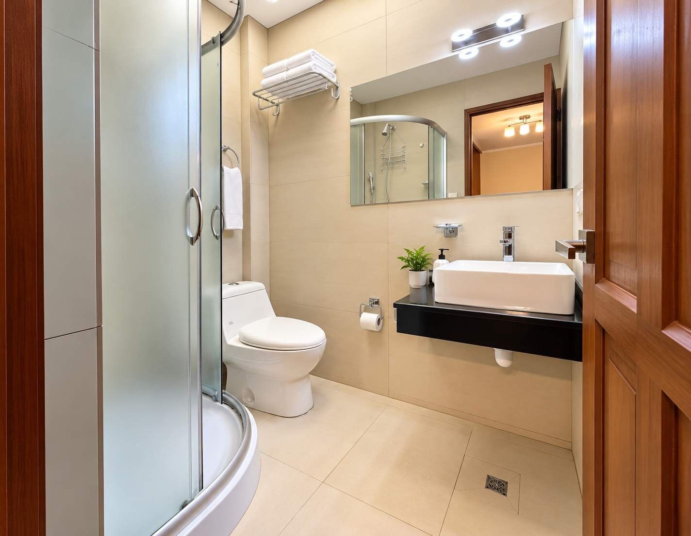 Un baño moderno con ducha envuelta en vidrio, inodoro blanco y lavamanos con encimera negra.