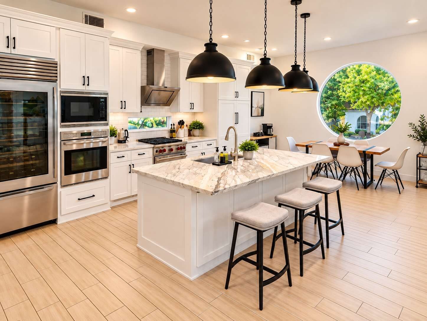 A modern kitchen with white cabinetry, stainless steel appliances, a marble island, and bar stools.