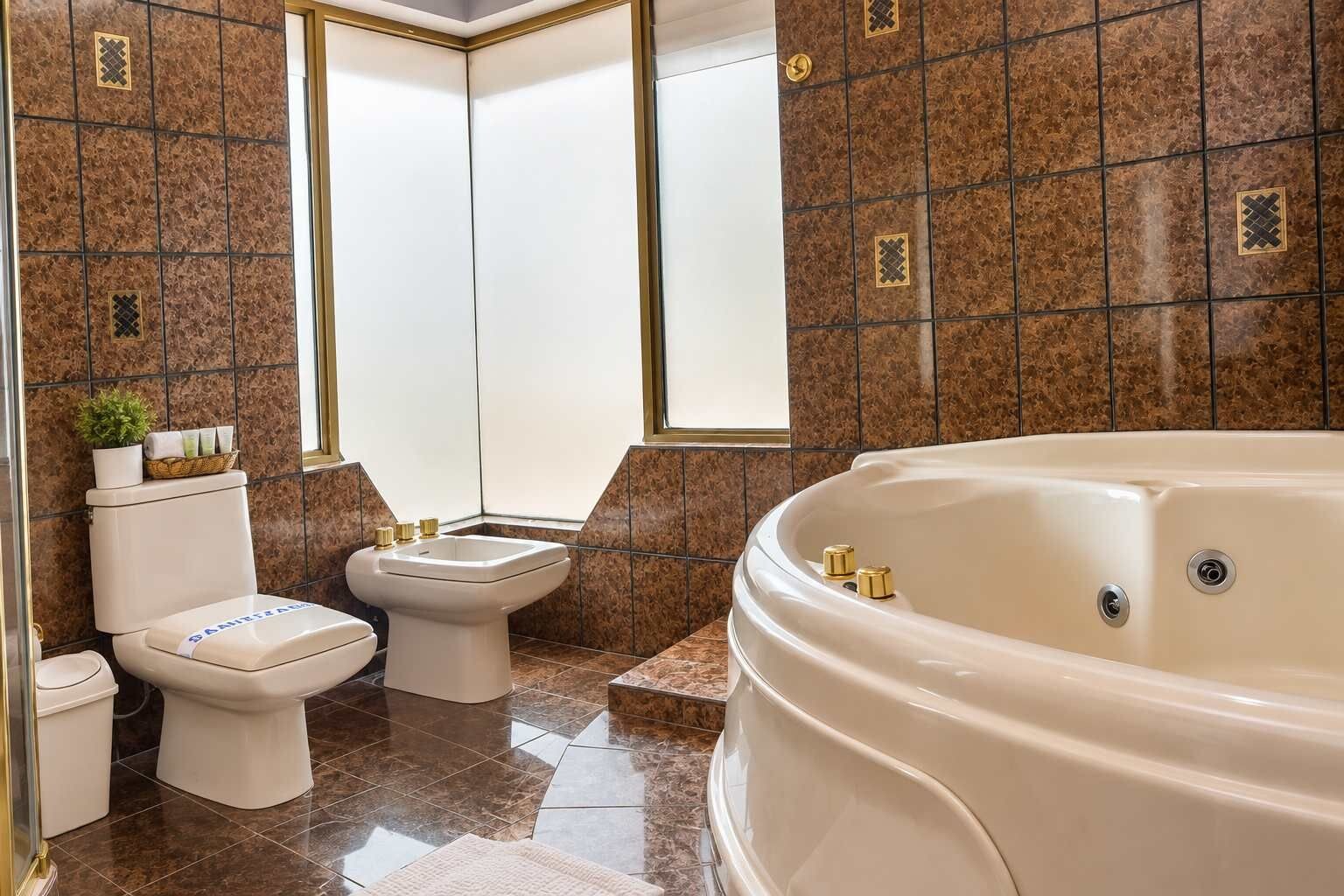 A bathroom with a bathtub, two toilets, and a window.