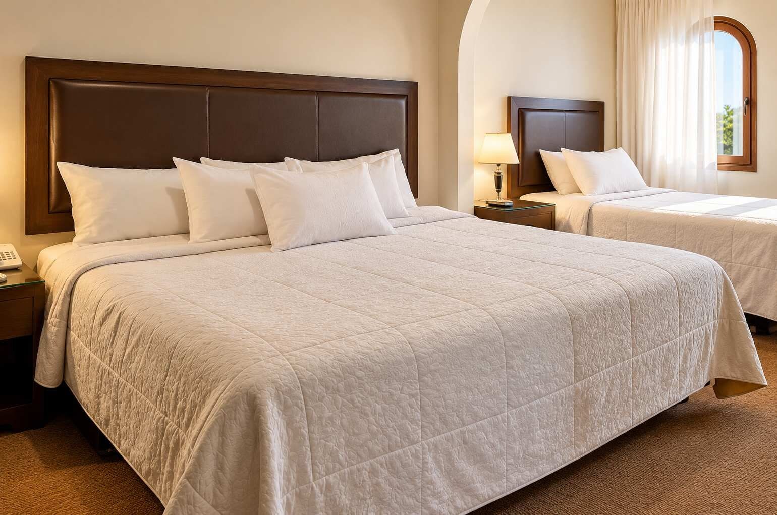 Ein Hotelzimmer mit zwei Betten, jeweils mit Kopfteil, Nachttisch und Lampe.