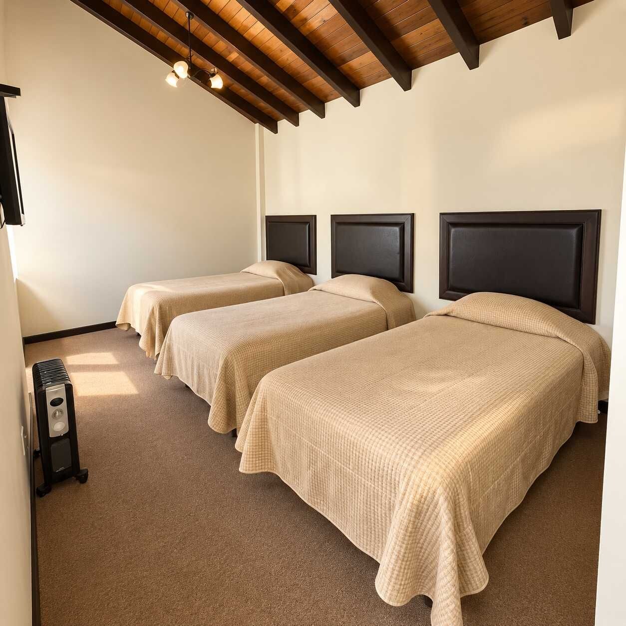 A hotel room with two single beds, a wooden ceiling, and a small heater.