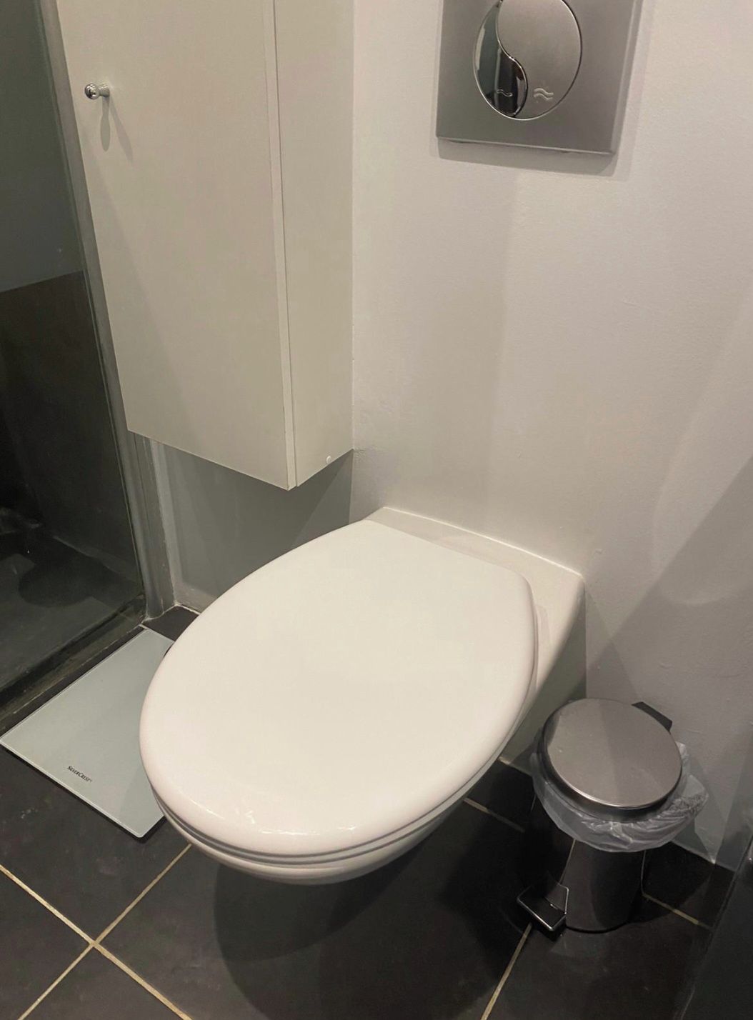 Ein modernes Badezimmer mit Toilette, Duschkabine und Toilettenpapierhalter.