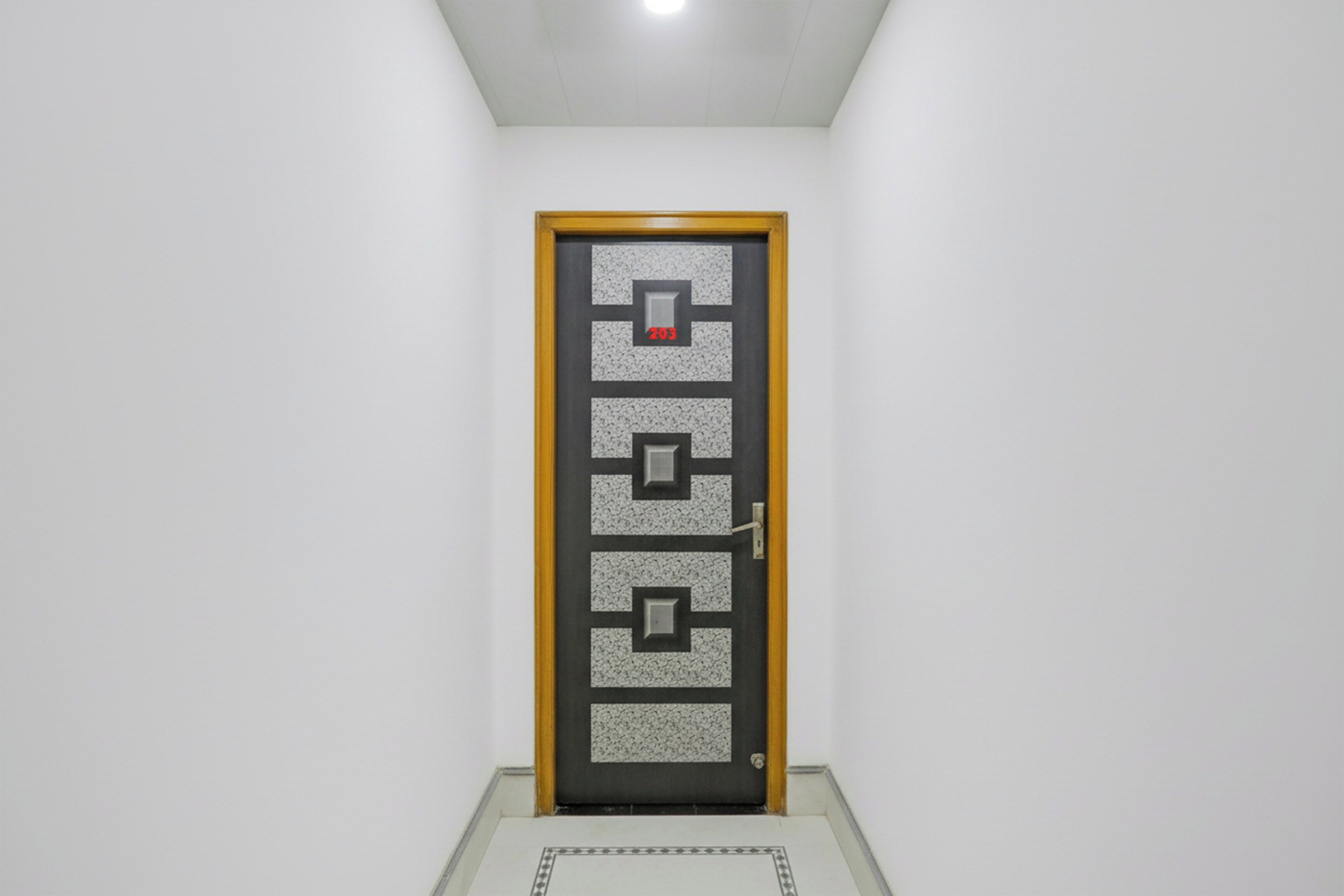 Una puerta con un diseño geométrico y el número 203.