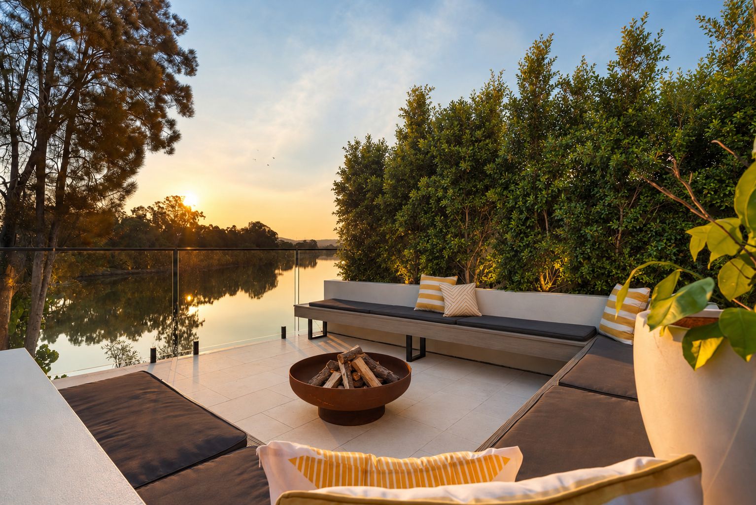 A serene outdoor seating area with a fire pit, a bench, and a view of a calm lake.