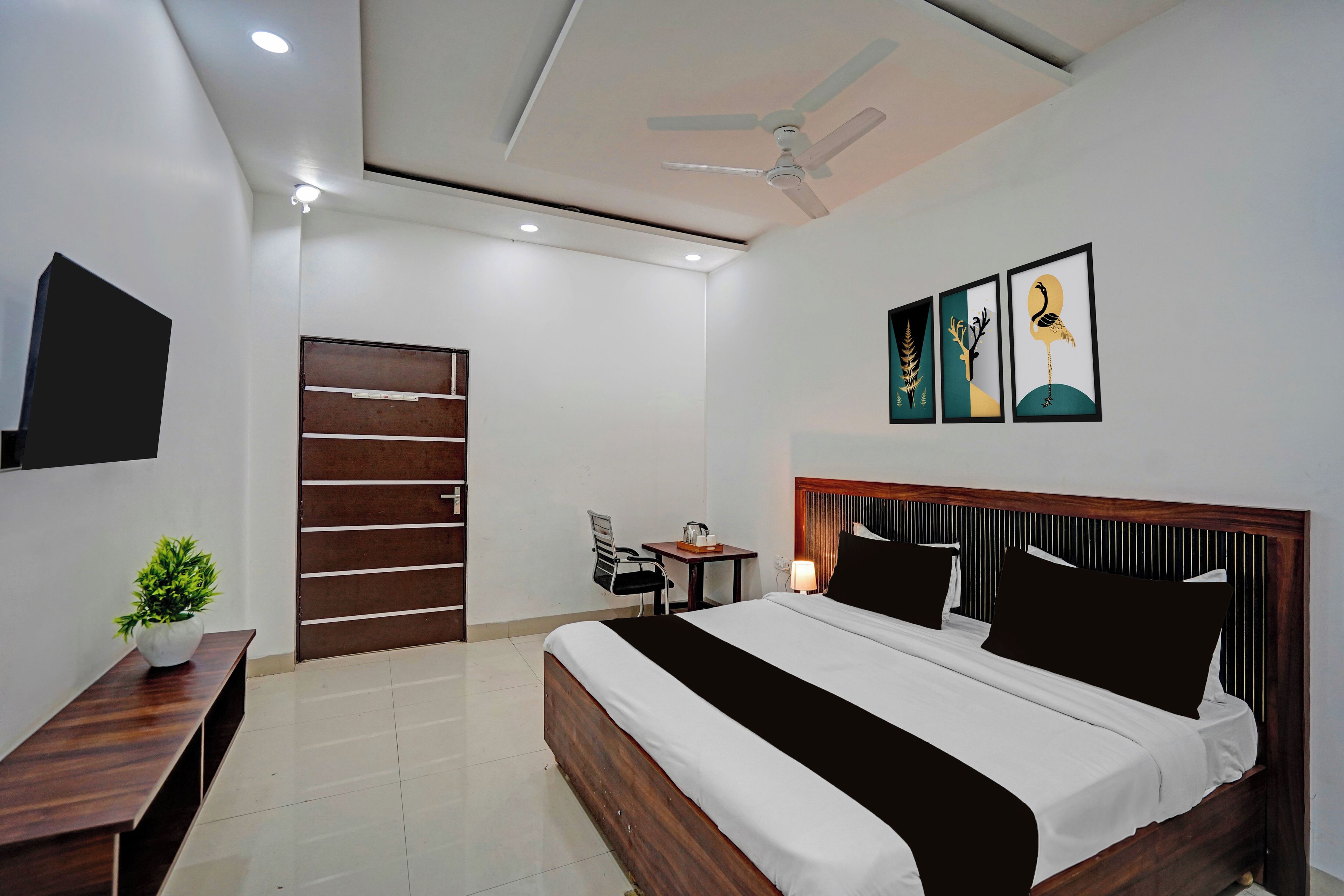 Habitación de hotel con cama, mesita de noche, televisor, ventilador de techo, obra de arte y una puerta.