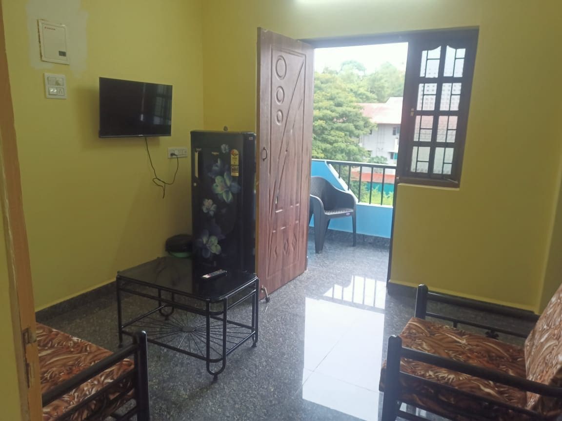 A room with a television, a wooden door, a window, and a balcony with a blue railing.