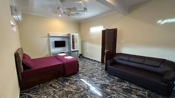 A room with a bed, a sofa, a TV, and a ceiling fan.
