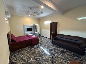 A room with a bed, a sofa, a TV, and a ceiling fan.