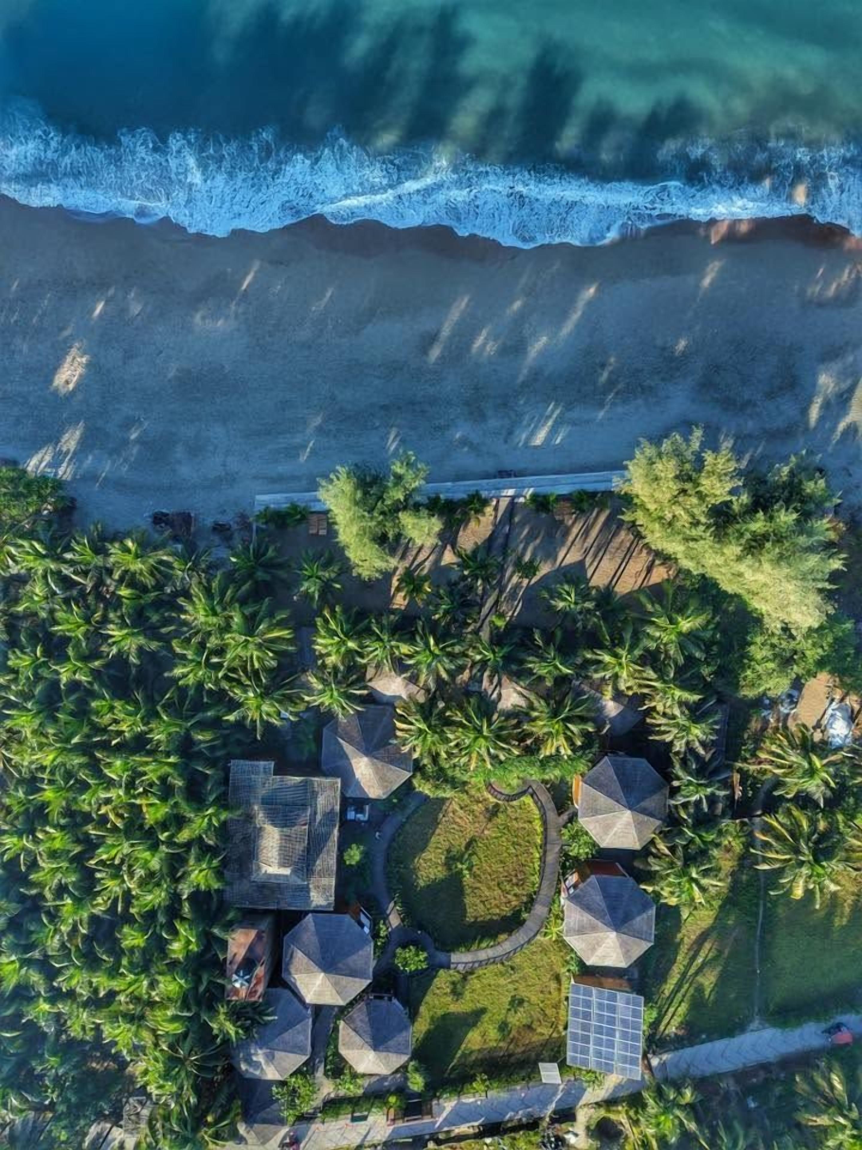 An aerial view of a resort with a beach, palm trees, and hexagonal structures with roofs.