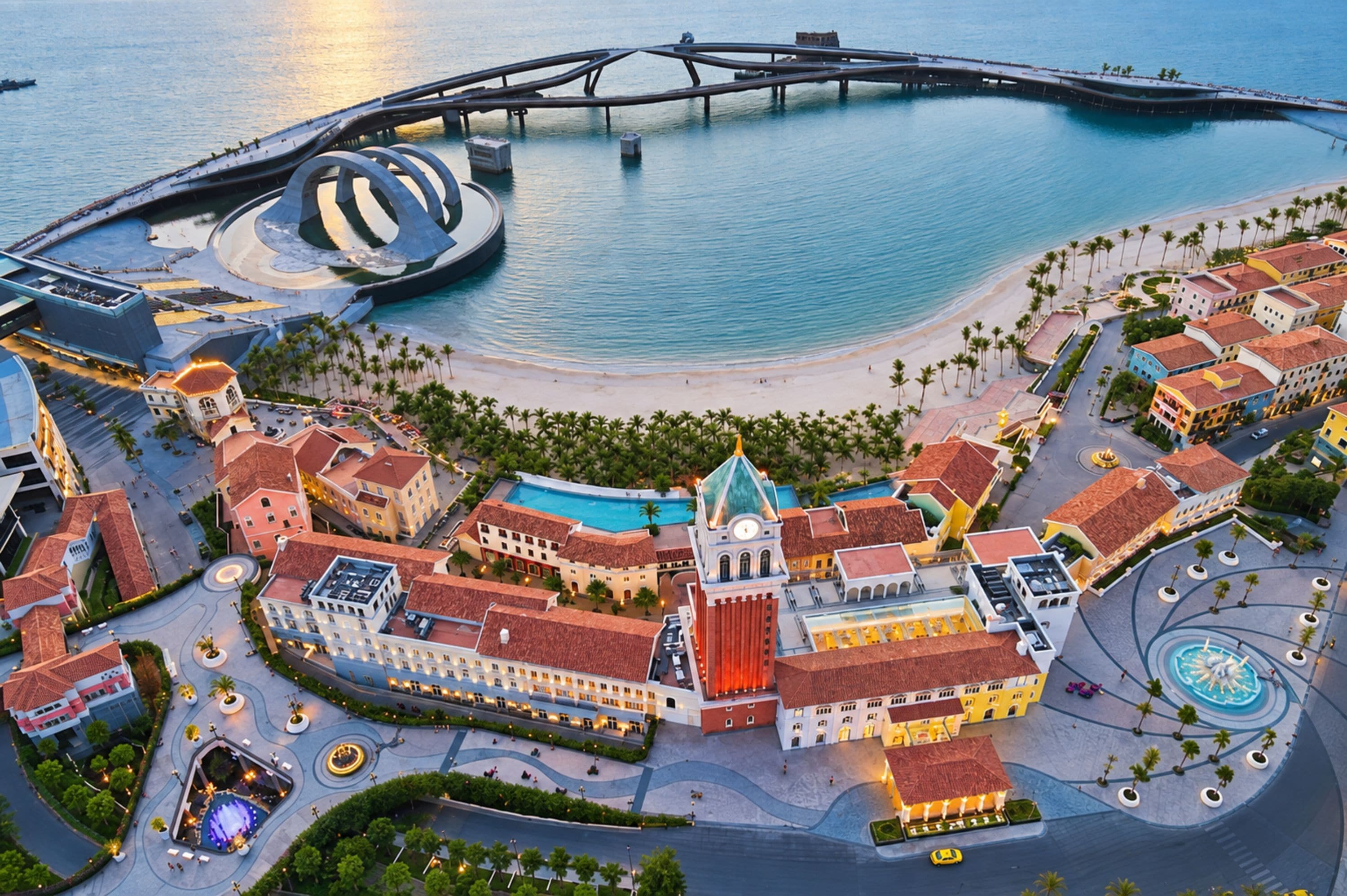 A coastal resort with a central building featuring a clock tower, surrounded by palm trees and a swimming pool.