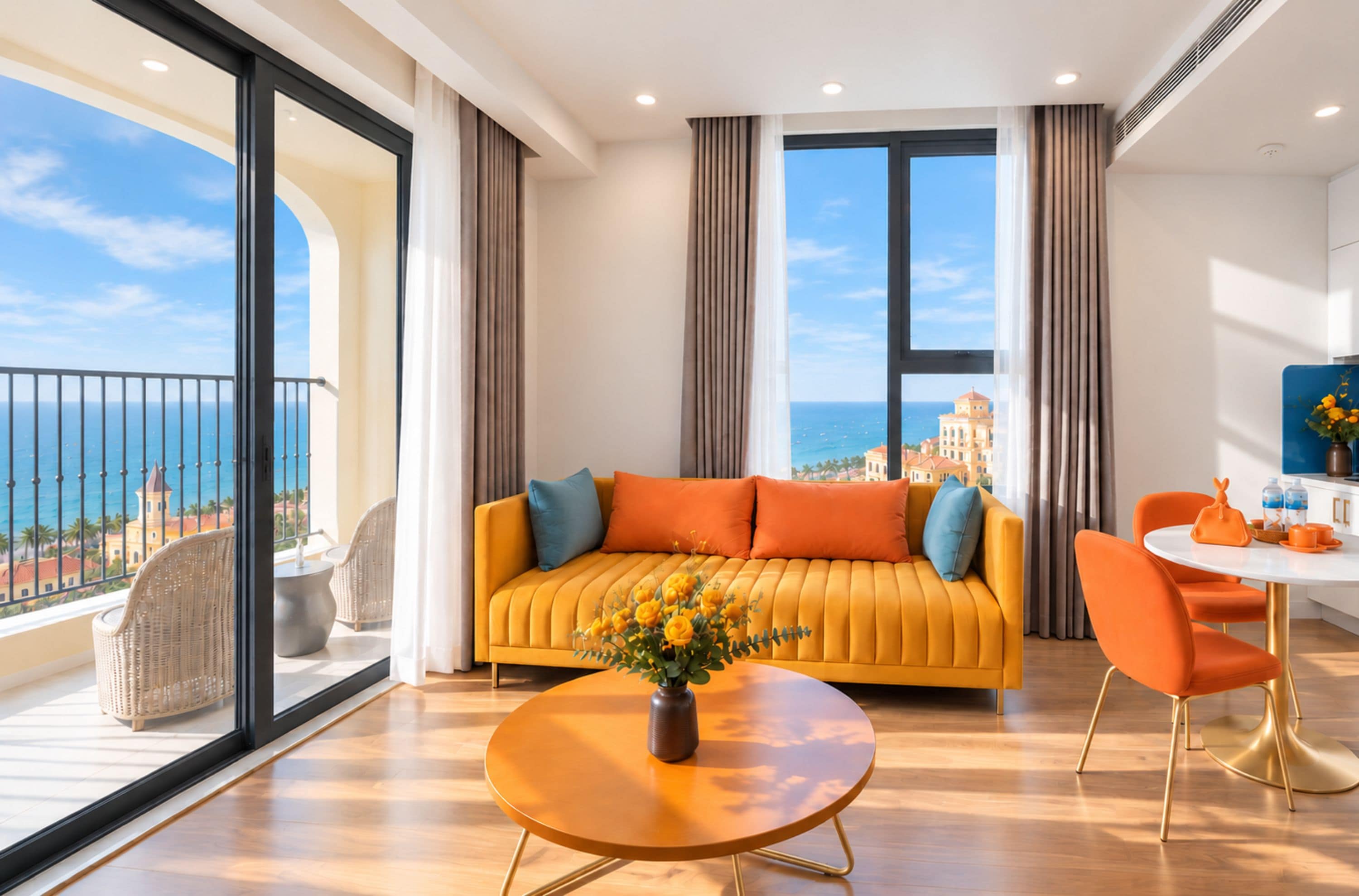 Un salon moderne avec un canapé, une table ronde et une vue sur la mer.