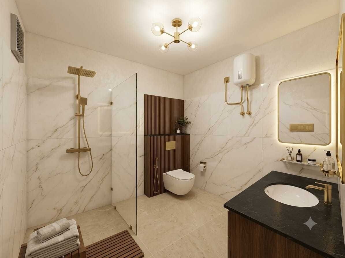 A modern bathroom with a marble wall, a shower, a toilet, a sink, and a mirror.