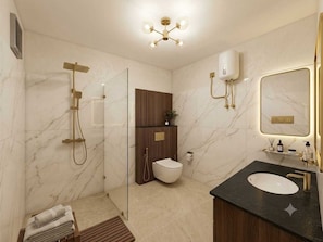 A modern bathroom with a marble wall, a shower, a toilet, a sink, and a mirror.