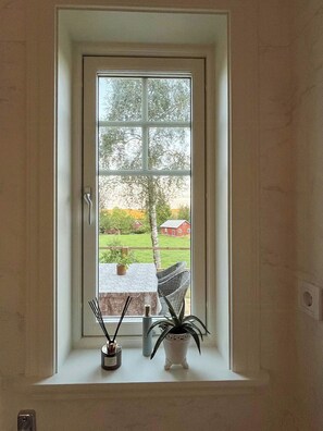 A window with a view of a rural landscape, a wicker chair, and two potted plants on the windowsill.