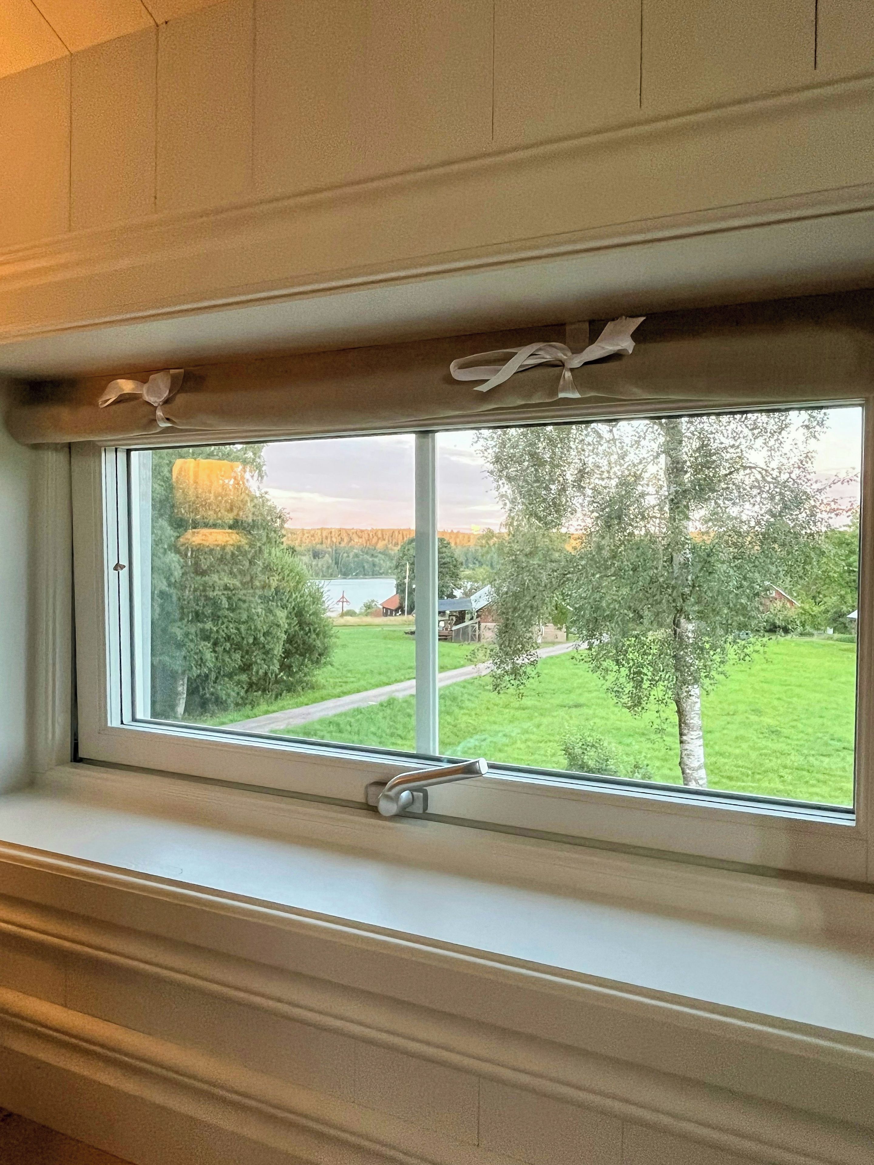 Ett fönster med utsikt över ett grönskande landskap och en väg.