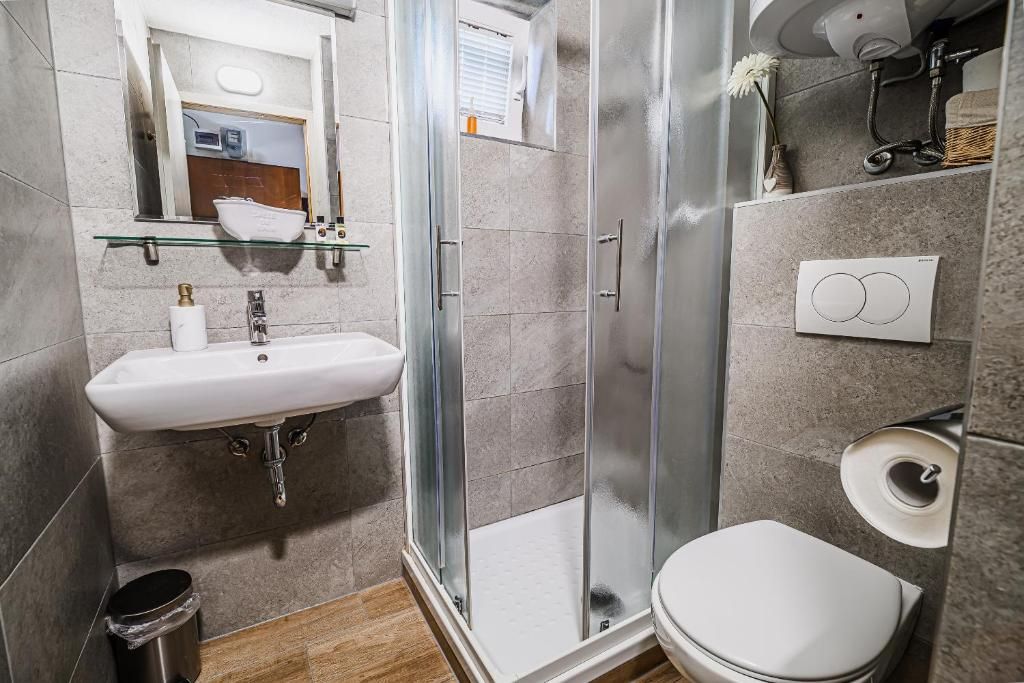 A modern bathroom with a glass shower enclosure, a white sink, and a toilet.
