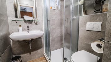 A modern bathroom with a glass shower enclosure, a white sink, and a toilet.
