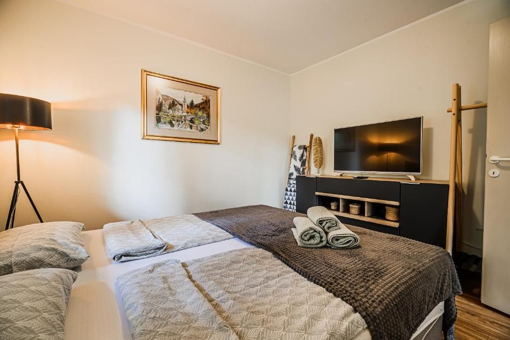A hotel room with two beds, a television, a framed picture on the wall, and a lamp.