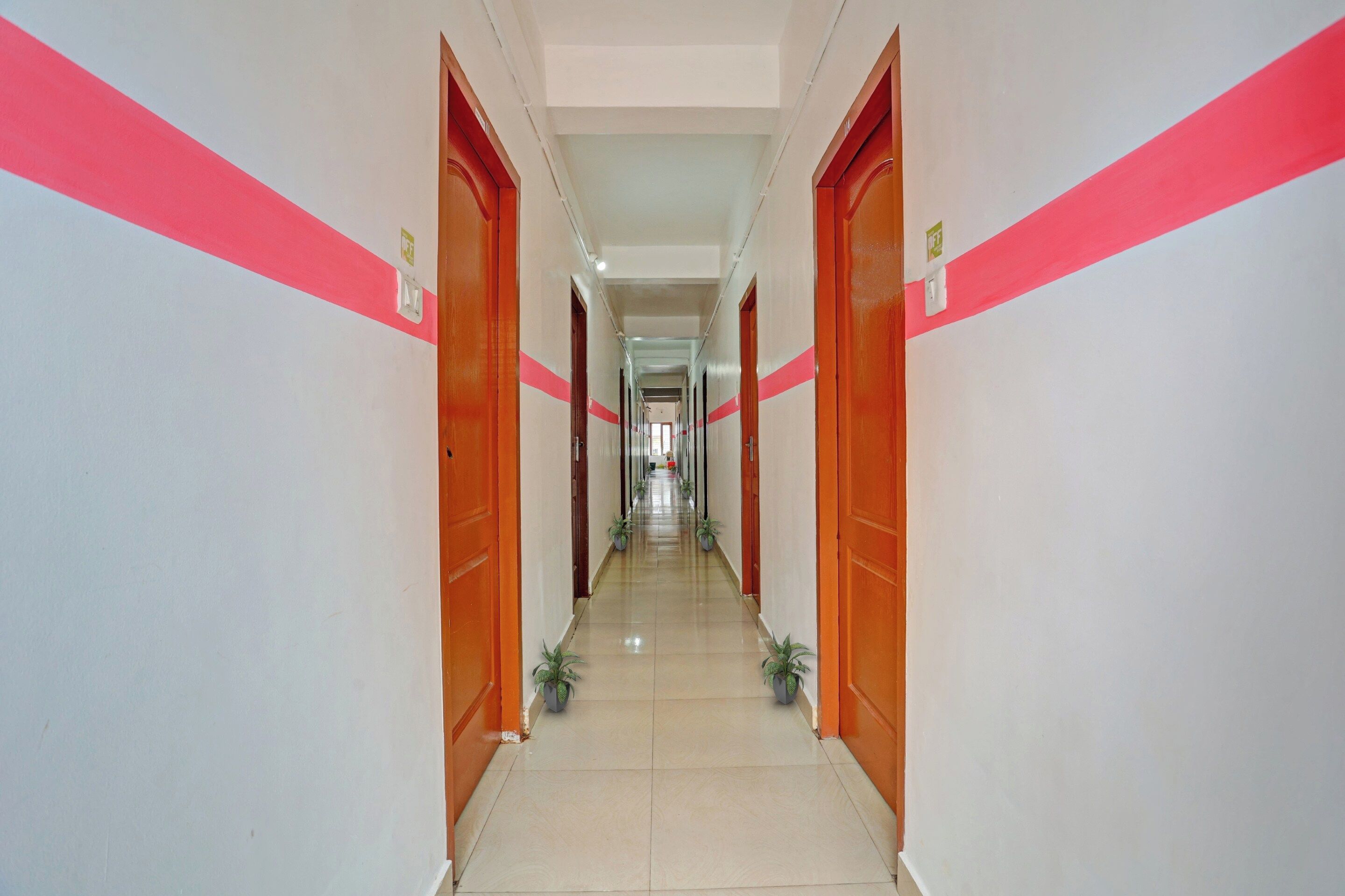 A long, narrow hallway with doors on both sides, leading to rooms. The hallway has a tiled floor and is lined with potted plants.