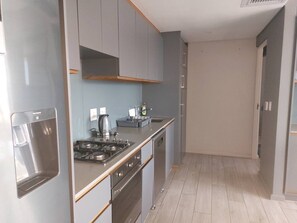 A modern kitchen with stainless steel appliances, a built-in oven, and a gas stove. - Luxurious 2-Bedroom Apartment in uMhlanga, South Africa (uMhlanga)