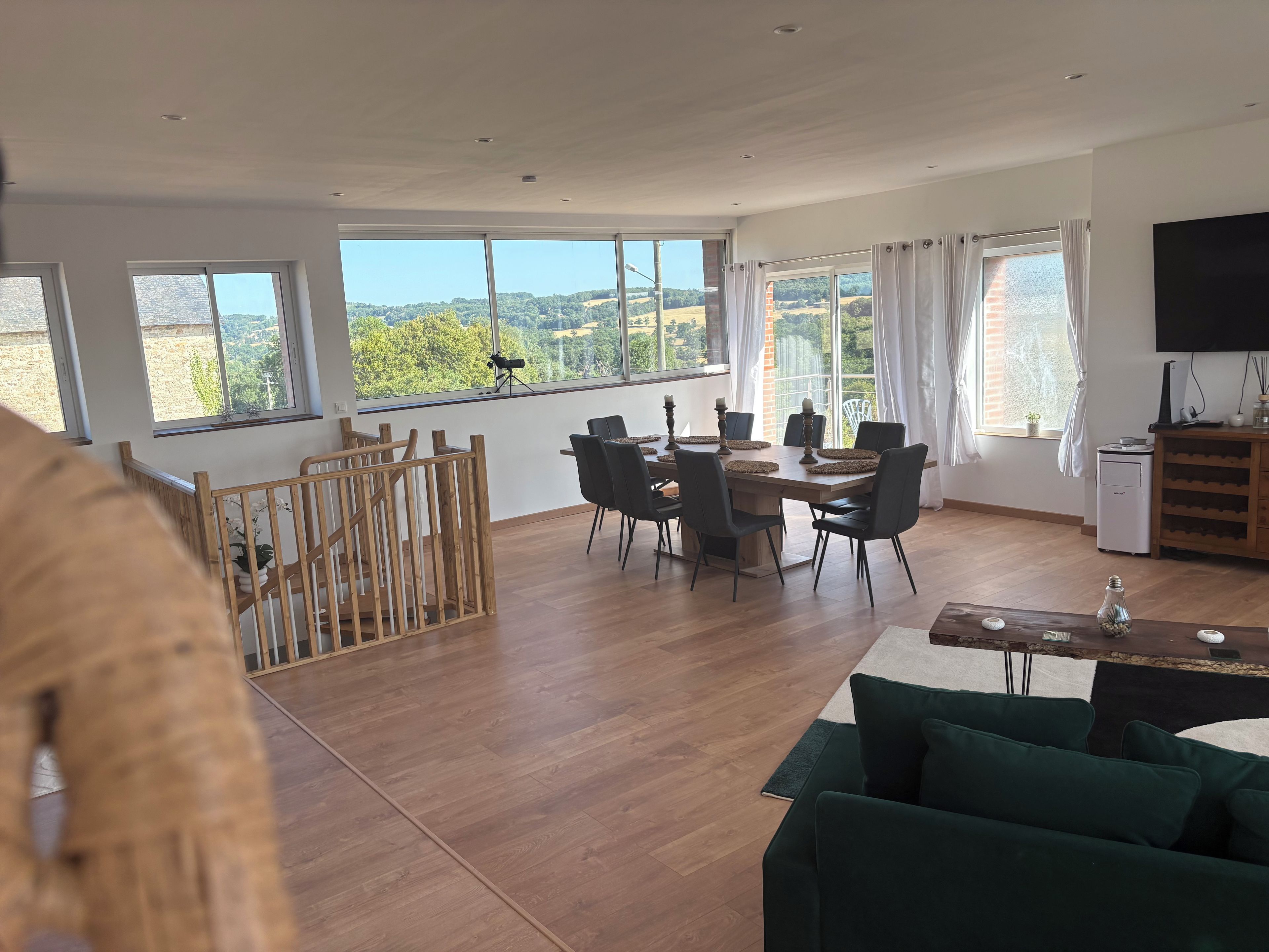 Un grand espace de vie comprenant une table à manger, des chaises, un canapé vert et un téléviseur.