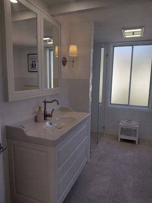A bathroom with a large mirror, a sink, and a glass shower enclosure. - Breeze on Prince: Spacious cottage offering modern comfort (Waratah)