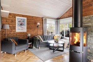 A cozy living room with a fireplace, a sofa, a coffee table, and a poster on the wall. - AV47 Prime Ski-In/Ski-Out Location in Trysil (Trysil)