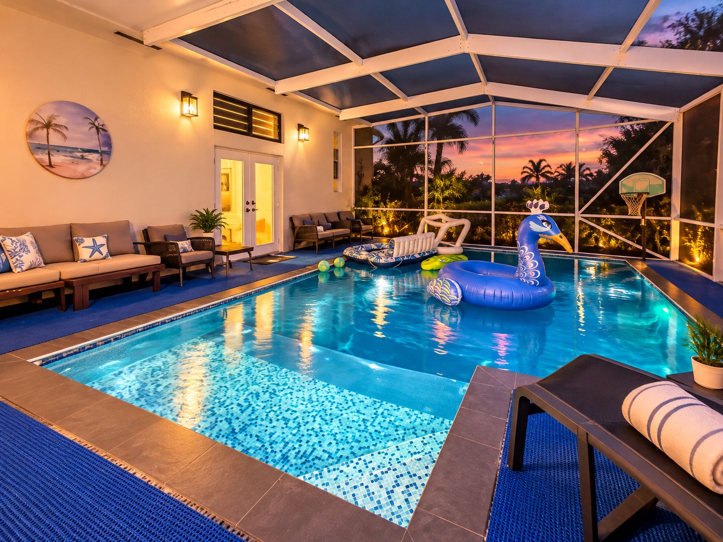 Una piscina interior con sillas de descanso, un flotador decorativo de flamenco y vistas a la puesta de sol a través de amplios ventanales.