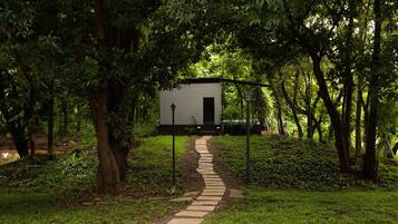 A pathway leading to a small, single-story building surrounded by dense greenery.