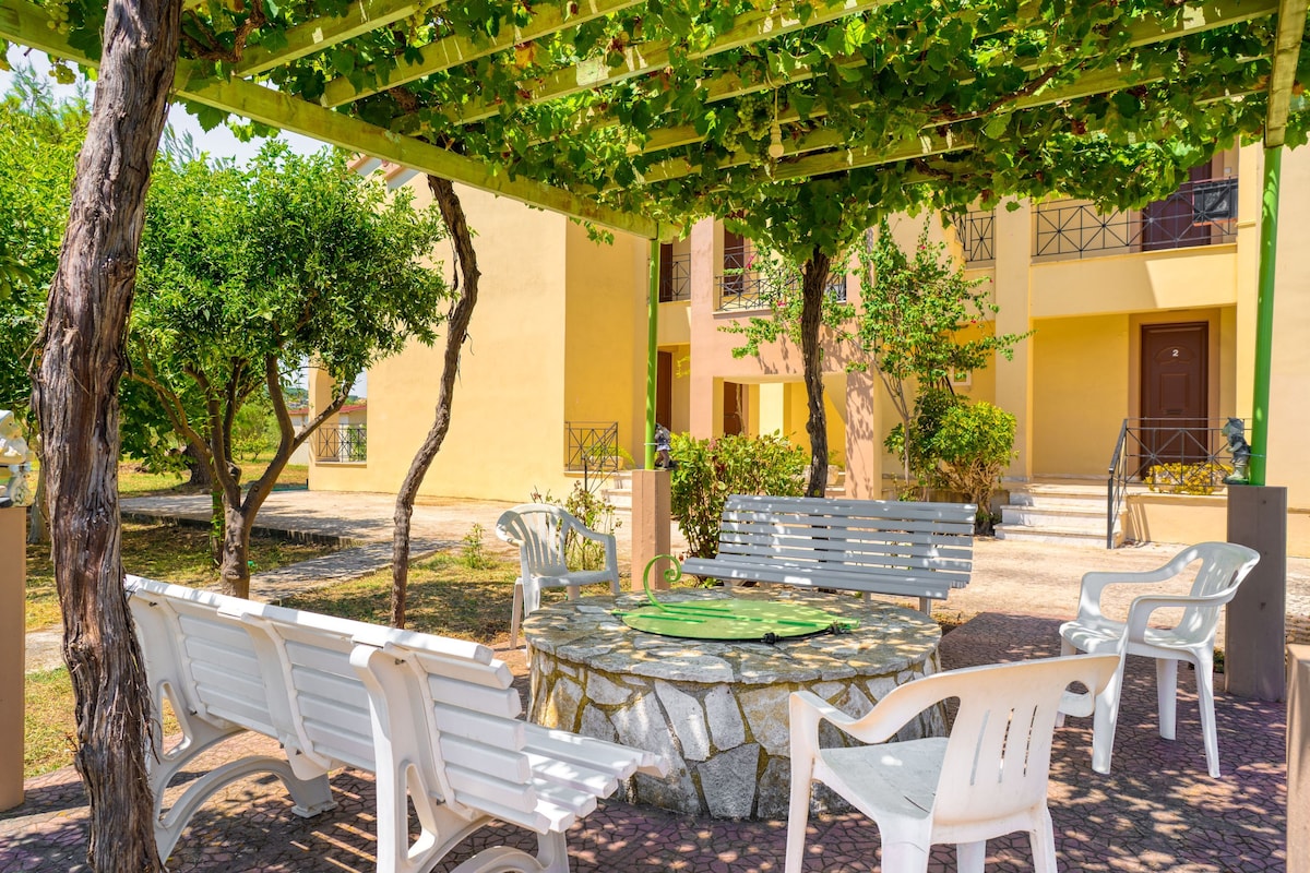 An outdoor seating area with a round table, benches, and a pergola covered with vines.