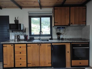 A kitchen with wooden cabinets, a built-in microwave, a sink, and a dishwasher. - Little Hideaway - São Vicente (Madeira)