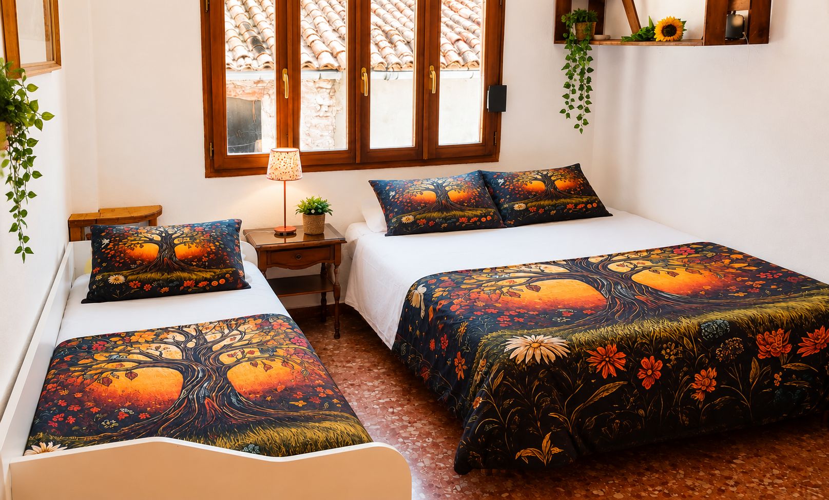 Une chambre avec deux lits, une table de chevet, une lampe et une fenêtre donnant sur un toit recouvert de tuiles.