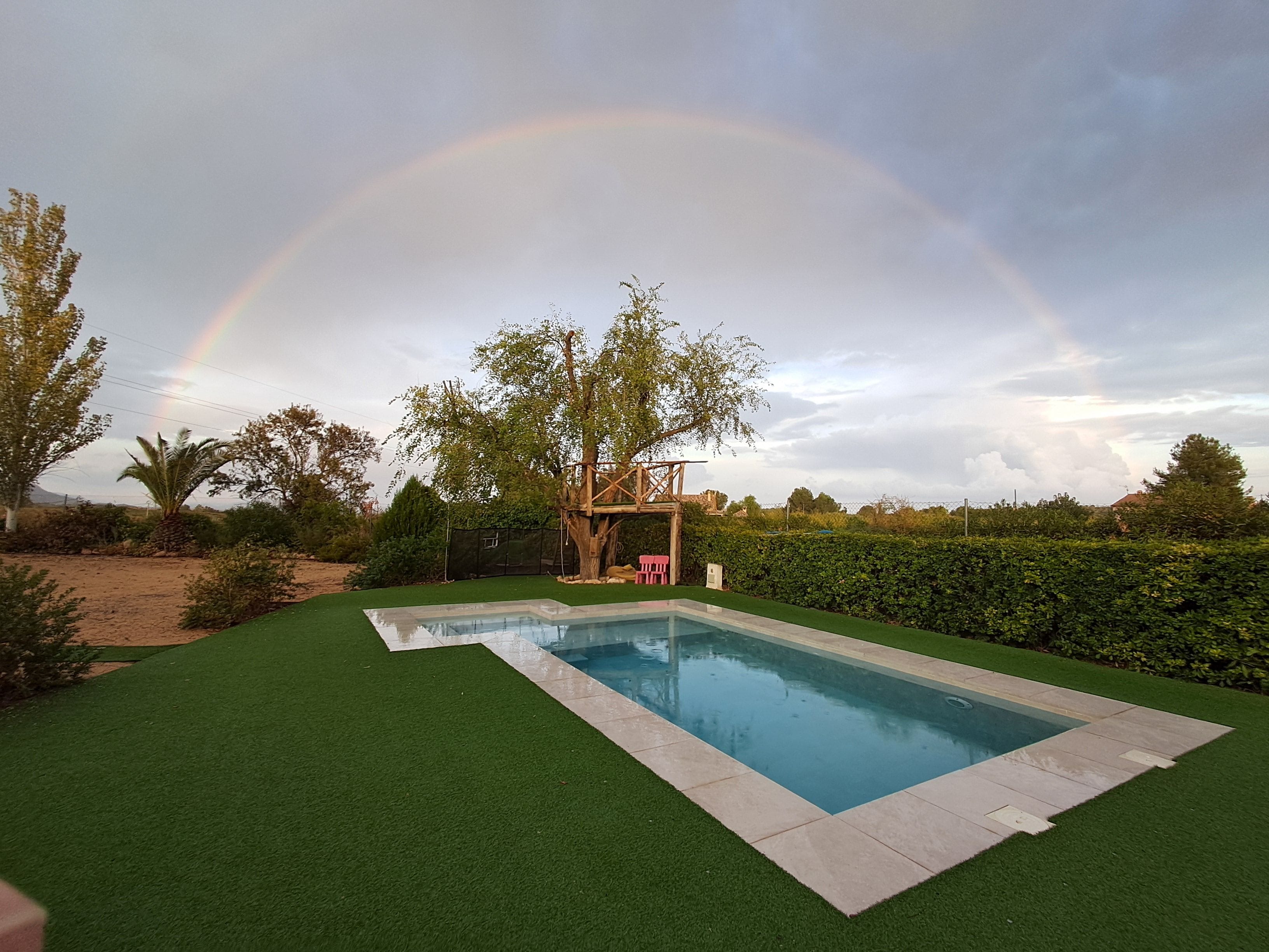 A swimming pool with artificial grass, surrounded by trees and a wooden structure.