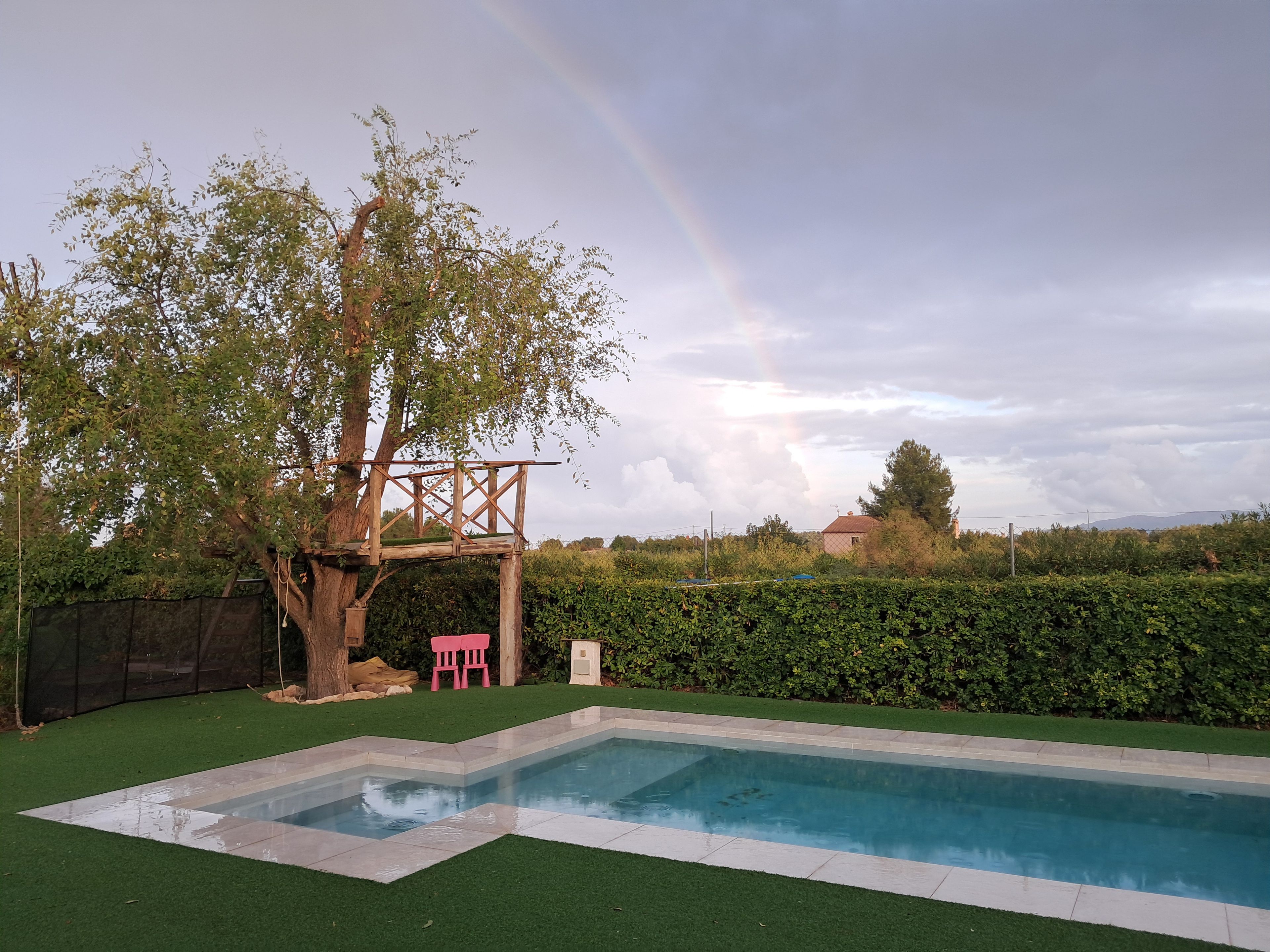 A swimming pool with a wooden deck and a tree.