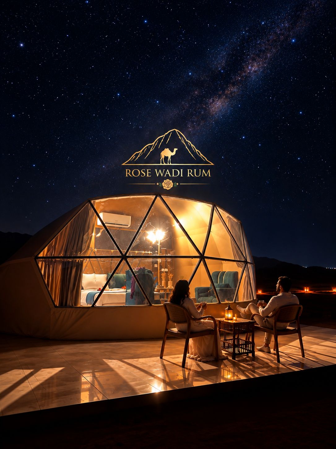 Une structure en forme de dôme géodésique offrant une vue sur le ciel nocturne, un logo représentant un chameau et l’inscription « ROSE WADI RUM », et deux personnes assises à l’intérieur.