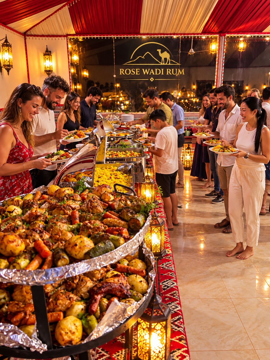 A buffet with a variety of dishes, a sign reading 'ROSE WADI RUM', and people serving themselves.