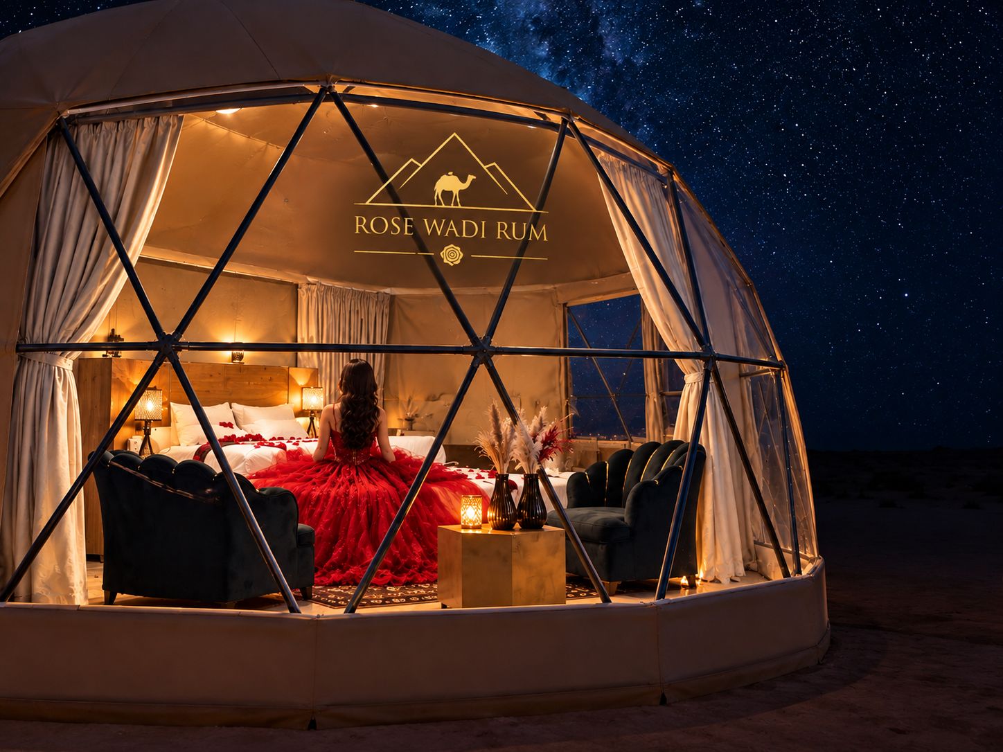 Een koepeltent met een bed, een rode jurk en uitzicht op een sterrenhemel.