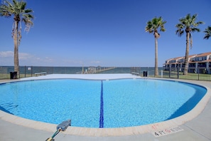 Ein klarer, blauer Swimmingpool mit einer 1,20 Meter Tiefenmarkierung, umgeben von Palmen und einem Zaun.
