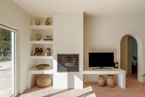Ein modernes Wohnzimmer mit Flachbildfernseher, integrierten Regalen mit Dekoration, Kamin und großem Fenster.