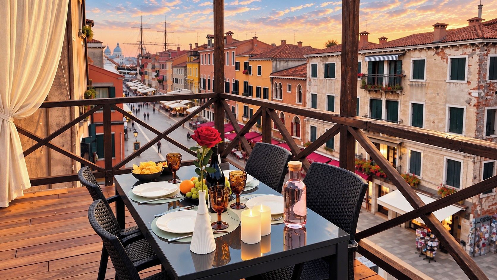 Un área de comedor al aire libre con una mesa dispuesta para dos, con vista a una calle con edificios históricos.