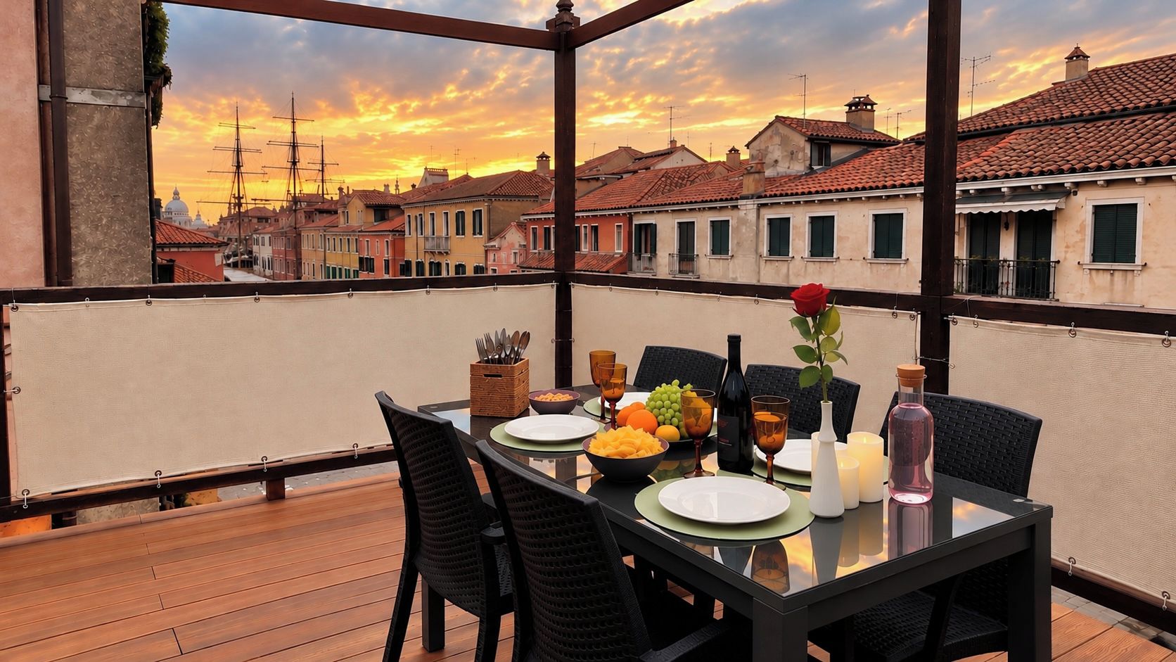 Mesa de comedor en un balcón con vista a edificios históricos y un atardecer.