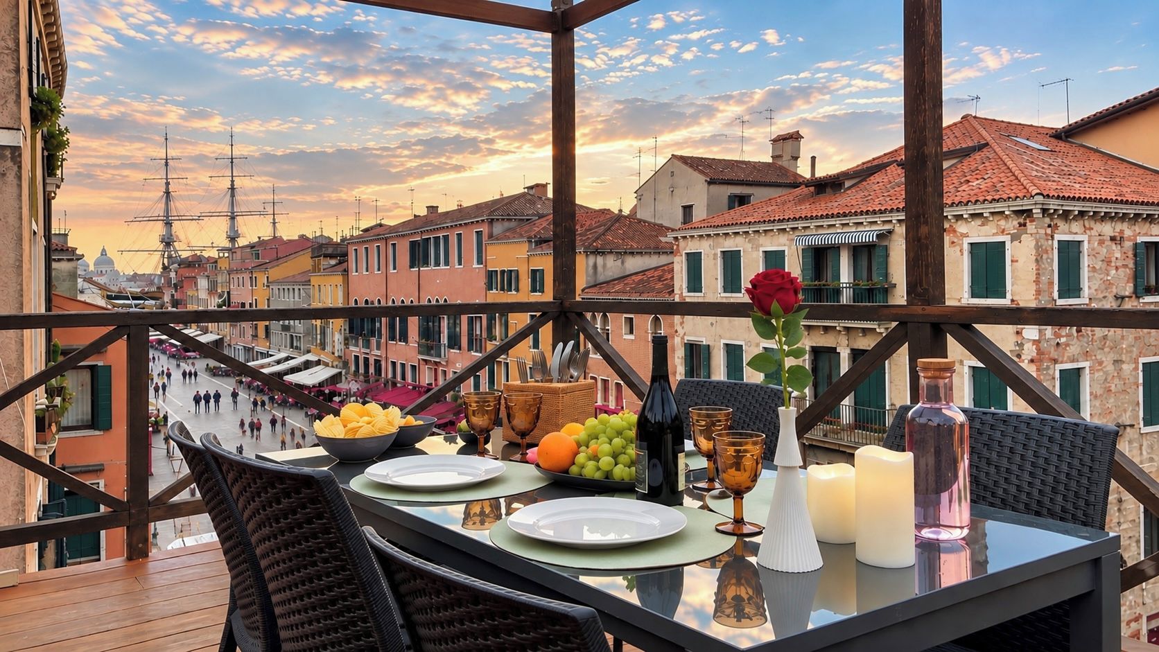 Un área de comedor al aire libre con una mesa preparada para dos, con vistas a un paisaje urbano con edificios históricos.